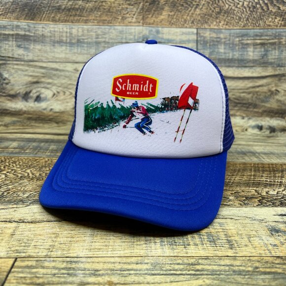 Schmidt Beer Mens Trucker Hat Blue Snapback Skiing Vintage Logo Baseball Cap - Picture 2 of 7